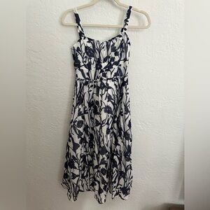 Zara Navy Blue and White Floral Midi Dress Cotton/Silk Blend